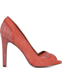 Germaine Raffia And Leather Peep Toe - predominant colour: coral; occasions: evening, work, occasion; material: suede; heel height: high; heel: stiletto; toe: open toe/peeptoe; style: courts; finish: plain; pattern: plain