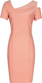 Jazz Mesh Insert Dress - neckline: v-neck; fit: tailored/fitted; pattern: plain; style: asymmetric (top); waist detail: fitted waist; hip detail: fitted at hip; predominant colour: blush; occasions: evening, work, occasion; length: just above the knee; fibres: cotton - mix; bust detail: contrast pattern/fabric/detail at bust; shoulder detail: cut out shoulder; sleeve length: short sleeve; sleeve style: standard; pattern type: fabric; texture group: woven light midweight