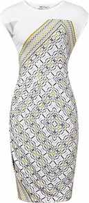 Gilda Printed Jersey Dress - style: shift; neckline: round neck; sleeve style: capped; fit: tailored/fitted; waist detail: structured pleats at waist; predominant colour: white; secondary colour: light grey; occasions: evening, occasion, holiday; length: just above the knee; fibres: viscose/rayon - stretch; sleeve length: sleeveless; trends: modern geometrics; pattern type: fabric; pattern size: big & busy; pattern: patterned/print; texture group: jersey - stretchy/drapey