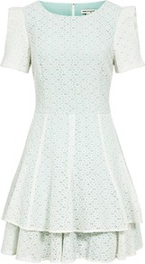 Hestia Frill Layer Dress - length: mid thigh; neckline: round neck; pattern: plain; waist detail: fitted waist; predominant colour: white; occasions: evening, occasion; fit: fitted at waist & bust; style: fit & flare; fibres: cotton - mix; shoulder detail: structured/bulky pleats/bulky detail at shoulder; sleeve length: short sleeve; sleeve style: standard; texture group: lace; pattern type: fabric; pattern size: small & light