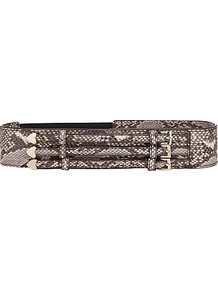 Belmont Wide Triple Buckle Belt, Snake - predominant colour: taupe; occasions: casual, evening, work; type of pattern: standard; style: cummerbund; size: wide; worn on: waist; material: leather; pattern: animal print; finish: plain; embellishment: buckles