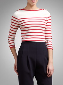 Striped Jumper - neckline: slash/boat neckline; pattern: horizontal stripes; style: standard; secondary colour: ivory; predominant colour: true red; occasions: casual, work; length: standard; fibres: cotton - mix; fit: slim fit; shoulder detail: added shoulder detail; sleeve length: 3/4 length; sleeve style: standard; texture group: knits/crochet; pattern type: knitted - fine stitch; pattern size: standard
