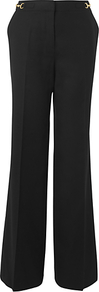 Snaffle Flannel Trousers, Black - length: standard; pattern: plain; pocket detail: small back pockets, pockets at the sides; waist detail: embellishment at waist/feature waistband; waist: high rise; predominant colour: black; occasions: evening, work; fibres: wool - stretch; hip detail: fitted at hip (bottoms); fit: wide leg; pattern type: fabric; pattern size: standard; texture group: other - light to midweight; style: standard; embellishment: chain/metal