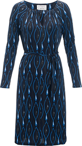 Viola Dress, Jewels Blue - style: shift; length: below the knee; neckline: round neck; waist detail: belted waist/tie at waist/drawstring; predominant colour: navy; occasions: evening; fit: body skimming; fibres: viscose/rayon - 100%; sleeve length: long sleeve; sleeve style: standard; pattern type: fabric; pattern: patterned/print; texture group: jersey - stretchy/drapey