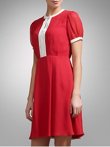 Contrast Trim Silk Dress - sleeve style: puffed; fit: fitted at waist; pattern: plain; waist detail: fitted waist; predominant colour: true red; occasions: casual, evening, work; length: just above the knee; style: fit & flare; fibres: silk - 100%; neckline: crew; sleeve length: short sleeve; texture group: silky - light; trends: glamorous day shifts; pattern type: fabric; pattern size: standard