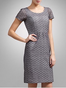 Cutwork Dress, Blue - style: shift; neckline: round neck; sleeve style: capped; fit: tailored/fitted; predominant colour: mid grey; occasions: casual, evening, work; length: just above the knee; fibres: cotton - 100%; sleeve length: short sleeve; texture group: structured shiny - satin/tafetta/silk etc.; trends: glamorous day shifts; pattern type: fabric; pattern size: light/subtle; pattern: patterned/print