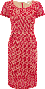 Cutwork Dress, Red - style: shift; neckline: round neck; sleeve style: capped; fit: tailored/fitted; waist detail: fitted waist; predominant colour: true red; occasions: evening, work, occasion; length: on the knee; fibres: cotton - 100%; hip detail: sculpting darts/pleats/seams at hip; sleeve length: short sleeve; trends: glamorous day shifts; pattern type: fabric; pattern size: small & light; pattern: patterned/print; texture group: woven light midweight