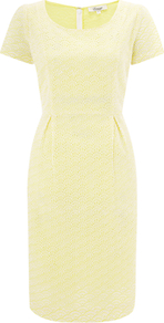 Cutwork Dress, Yellow - style: shift; neckline: round neck; fit: tailored/fitted; pattern: plain; predominant colour: primrose yellow; occasions: casual, evening, work, occasion, holiday; length: just above the knee; fibres: cotton - 100%; hip detail: sculpting darts/pleats/seams at hip; sleeve length: short sleeve; sleeve style: standard; texture group: lace; trends: glamorous day shifts; pattern type: fabric; pattern size: small & light
