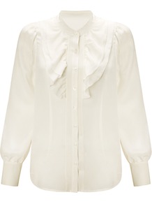 Frill Front Blouse, Cream - pattern: plain; neckline: high neck; style: blouse; bust detail: ruching/gathering/draping/layers/pintuck pleats at bust; predominant colour: white; occasions: casual, evening; length: standard; fibres: silk - 100%; fit: straight cut; sleeve length: long sleeve; sleeve style: standard; texture group: silky - light; pattern type: fabric; pattern size: standard