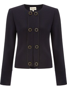 Button Detail Jacket, Navy - pattern: plain; style: double breasted military jacket; collar: round collar/collarless; predominant colour: navy; occasions: evening, work; length: standard; fit: tailored/fitted; fibres: polyester/polyamide - stretch; sleeve length: long sleeve; sleeve style: standard; texture group: crepes; collar break: high; pattern type: fabric