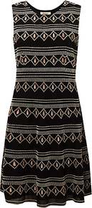 Embroidered Dress, Multi - neckline: round neck; sleeve style: sleeveless; waist detail: fitted waist; secondary colour: ivory; predominant colour: black; occasions: casual, evening; length: just above the knee; fit: fitted at waist & bust; style: fit & flare; fibres: cotton - 100%; hip detail: soft pleats at hip/draping at hip/flared at hip; sleeve length: sleeveless; pattern type: fabric; pattern size: standard; pattern: patterned/print; texture group: jersey - stretchy/drapey; embellishment: embroidered