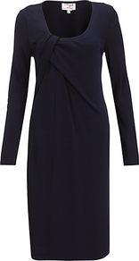 Camellia Dress, Navy - style: shift; pattern: plain; waist detail: belted waist/tie at waist/drawstring; predominant colour: navy; occasions: work; length: on the knee; fit: body skimming; neckline: scoop; fibres: viscose/rayon - 100%; sleeve length: long sleeve; sleeve style: standard; pattern type: fabric; texture group: jersey - stretchy/drapey