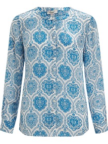 Tile Print Silk Blouse, Blue - style: blouse; predominant colour: royal blue; occasions: casual, evening, work; length: standard; fibres: silk - 100%; fit: straight cut; neckline: crew; sleeve length: long sleeve; sleeve style: standard; texture group: sheer fabrics/chiffon/organza etc.; pattern type: fabric; pattern size: big & busy; pattern: patterned/print