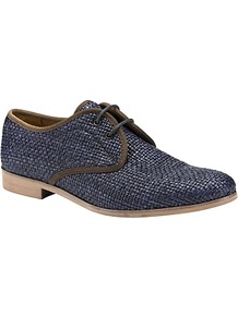Peony Raffia Lace Up Shoes, Navy - predominant colour: navy; occasions: casual, work, holiday; material: macrame/raffia/straw; heel height: flat; toe: round toe; style: brogues; finish: plain; pattern: colourblock