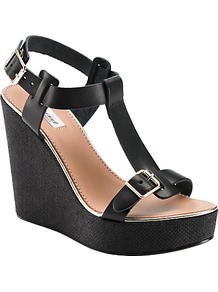 Lilac Wedge Heel T Bar Sandals, Black - predominant colour: black; occasions: casual, evening, holiday; material: leather; embellishment: buckles; ankle detail: ankle strap; heel: wedge; toe: open toe/peeptoe; style: standard; finish: plain; pattern: plain; heel height: very high
