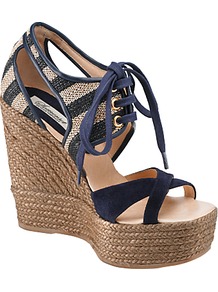 Wisteria Lace Up Wedge Sandals, Navy - predominant colour: navy; secondary colour: stone; occasions: casual, evening, holiday; material: suede; heel: wedge; toe: open toe/peeptoe; style: standard; trends: striking stripes; finish: plain; pattern: striped; heel height: very high