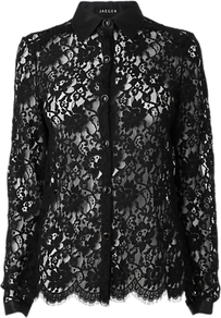 Scalloped Lace Blouse, Black - neckline: shirt collar/peter pan/zip with opening; style: shirt; predominant colour: black; occasions: evening, work, occasion; length: standard; fibres: silk - 100%; fit: straight cut; sleeve length: long sleeve; sleeve style: standard; texture group: lace; pattern type: fabric; pattern size: standard; pattern: patterned/print; embellishment: embroidered