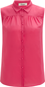 Sleeveless Collar Blouse, Pink - neckline: shirt collar/peter pan/zip with opening; pattern: plain; sleeve style: sleeveless; style: shirt; bust detail: ruching/gathering/draping/layers/pintuck pleats at bust; predominant colour: hot pink; occasions: casual, evening, work, holiday; length: standard; fibres: silk - 100%; fit: straight cut; sleeve length: sleeveless; texture group: sheer fabrics/chiffon/organza etc.; pattern type: fabric