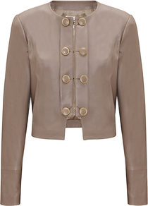 Button Detail Leather Jacket, Mink - pattern: plain; style: double breasted military jacket; collar: round collar/collarless; length: cropped; predominant colour: taupe; occasions: casual, evening; fit: straight cut (boxy); fibres: leather - 100%; sleeve length: long sleeve; sleeve style: standard; texture group: leather; collar break: high; pattern type: fabric