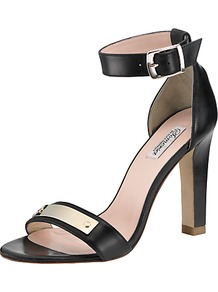 Primrose Leather Block Stiletto Sandals - predominant colour: black; occasions: evening, work, occasion; material: leather; heel height: high; ankle detail: ankle strap; heel: stiletto; toe: open toe/peeptoe; style: standard; finish: plain; pattern: plain; embellishment: chain/metal