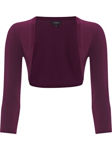 Paulina Bolero, Dahlia - style: bolero/shrug; collar: shawl/waterfall; length: cropped; fit: slim fit; predominant colour: aubergine; occasions: casual; fibres: polyester/polyamide - stretch; sleeve length: 3/4 length; sleeve style: standard; collar break: low/open; texture group: jersey - stretchy/drapey