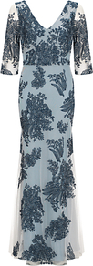 Lace Long Dress, Blue - style: ballgown; neckline: low v-neck; length: ankle length; waist detail: fitted waist; predominant colour: pale blue; secondary colour: navy; occasions: evening, occasion; fit: body skimming; fibres: polyester/polyamide - 100%; hip detail: soft pleats at hip/draping at hip/flared at hip; sleeve length: 3/4 length; sleeve style: standard; texture group: lace; pattern type: fabric; pattern size: big & busy; pattern: florals; embellishment: lace