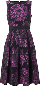 Paulina Dress, Dahlia - neckline: round neck; sleeve style: sleeveless; waist detail: embellishment at waist/feature waistband; predominant colour: purple; occasions: evening, occasion; length: just above the knee; fit: fitted at waist & bust; style: fit & flare; fibres: polyester/polyamide - mix; hip detail: structured pleats at hip; sleeve length: sleeveless; texture group: structured shiny - satin/tafetta/silk etc.; trends: high impact florals; pattern type: fabric; pattern size: big & busy; pattern: florals
