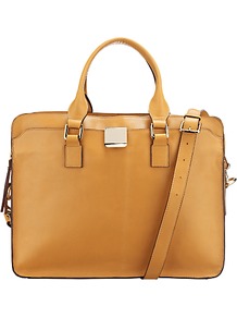 Dahlia Large Satchel Handbag, Tan - predominant colour: mustard; occasions: casual, work; type of pattern: standard; style: satchel; length: handle; size: standard; material: leather; pattern: plain; finish: plain