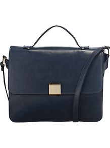 Fuchsia Medium Satchel Handbag, Navy - predominant colour: navy; occasions: casual, work; type of pattern: standard; style: messenger; length: across body/long; size: standard; material: leather; pattern: plain; finish: plain