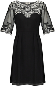 Mesh Embroidered Dress, Black - style: shift; neckline: round neck; fit: tailored/fitted; pattern: plain; bust detail: added detail/embellishment at bust; waist detail: fitted waist; predominant colour: black; occasions: evening; length: just above the knee; fibres: silk - 100%; shoulder detail: added shoulder detail; sleeve length: half sleeve; sleeve style: standard; texture group: sheer fabrics/chiffon/organza etc.; pattern type: fabric; embellishment: embroidered