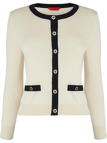 Bay Contrast Trim Cardigan - neckline: round neck; pattern: plain; bust detail: buttons at bust (in middle at breastbone)/zip detail at bust; predominant colour: ivory; occasions: casual, evening, work; length: standard; style: standard; fibres: silk - mix; fit: standard fit; waist detail: front pockets at waist level; sleeve length: long sleeve; sleeve style: standard; texture group: knits/crochet; pattern type: knitted - other; pattern size: standard