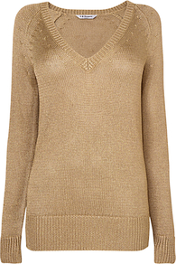 Edith Lurex Jumper - neckline: low v-neck; pattern: plain; length: below the bottom; style: standard; hip detail: fitted at hip; predominant colour: gold; occasions: casual, evening, work; fibres: polyester/polyamide - 100%; fit: standard fit; sleeve length: long sleeve; sleeve style: standard; texture group: knits/crochet; trends: metallics; pattern type: knitted - other; pattern size: standard