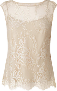 Gabi Lace Top - neckline: round neck; sleeve style: capped; predominant colour: champagne; occasions: evening, occasion; length: standard; style: top; fibres: nylon - 100%; fit: straight cut; sleeve length: sleeveless; texture group: lace; pattern type: fabric; pattern size: standard; pattern: patterned/print