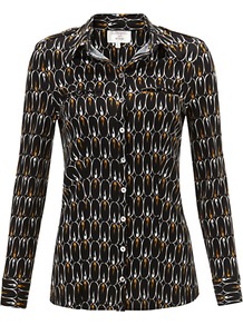 Phoebe Shirt - neckline: shirt collar/peter pan/zip with opening; style: shirt; bust detail: pocket detail at bust; secondary colour: bright orange; predominant colour: black; occasions: evening, work, occasion; length: standard; fibres: viscose/rayon - 100%; fit: body skimming; sleeve length: long sleeve; sleeve style: standard; pattern type: fabric; pattern size: small & busy; pattern: patterned/print; texture group: jersey - stretchy/drapey