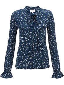 Daisy Top, Mimosa Navy - sleeve style: extended cuff; neckline: pussy bow; style: blouse; secondary colour: white; predominant colour: navy; occasions: casual, work; length: standard; fibres: viscose/rayon - 100%; fit: body skimming; sleeve length: extra long; pattern type: fabric; pattern size: small & busy; pattern: patterned/print; texture group: jersey - stretchy/drapey