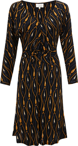 Lotus Dress - style: shift; neckline: low v-neck; back detail: tie detail at back; waist detail: twist front waist detail/nipped in at waist on one side/soft pleats/draping/ruching/gathering waist detail; secondary colour: coral; predominant colour: black; occasions: evening, work; length: on the knee; fit: body skimming; fibres: viscose/rayon - 100%; hip detail: soft pleats at hip/draping at hip/flared at hip; sleeve length: 3/4 length; sleeve style: standard; pattern type: fabric; pattern size: big & light; pattern: patterned/print; texture group: jersey - stretchy/drapey