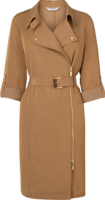 Marva Biker Dress, Tan - style: shift; neckline: shirt collar/peter pan/zip with opening; fit: tailored/fitted; pattern: plain; waist detail: belted waist/tie at waist/drawstring; predominant colour: tan; occasions: casual, evening, work; length: on the knee; sleeve length: 3/4 length; sleeve style: standard; pattern type: fabric; pattern size: standard; texture group: other - light to midweight; fibres: viscose/rayon - mix