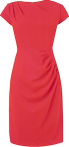 Sabrina Hemmers Dress - style: shift; sleeve style: capped; pattern: plain; waist detail: fitted waist; bust detail: ruching/gathering/draping/layers/pintuck pleats at bust; predominant colour: true red; occasions: evening, work, occasion; length: on the knee; fit: soft a-line; fibres: polyester/polyamide - mix; neckline: crew; hip detail: soft pleats at hip/draping at hip/flared at hip; shoulder detail: flat/draping pleats/ruching/gathering at shoulder; sleeve length: short sleeve; texture group: crepes; pattern type: fabric