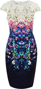 Doddington Dress, Navy/Multi - style: shift; neckline: round neck; sleeve style: capped; fit: tailored/fitted; waist detail: fitted waist; shoulder detail: contrast pattern/fabric at shoulder; bust detail: ruching/gathering/draping/layers/pintuck pleats at bust; occasions: evening, work, occasion; length: just above the knee; fibres: polyester/polyamide - 100%; predominant colour: multicoloured; sleeve length: short sleeve; texture group: cotton feel fabrics; trends: high impact florals, glamorous day shifts; pattern type: fabric; pattern size: big & busy; pattern: patterned/print