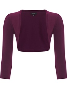 Paulina Bolero, Amethystine - pattern: plain; style: bolero/shrug; bust detail: added detail/embellishment at bust; collar: shawl/waterfall; length: cropped; fit: slim fit; shoulder detail: contrast pattern/fabric at shoulder; predominant colour: aubergine; occasions: casual, evening, work, occasion; fibres: polyester/polyamide - stretch; sleeve length: 3/4 length; sleeve style: standard; collar break: low/open; pattern type: fabric; pattern size: standard; texture group: jersey - stretchy/drapey