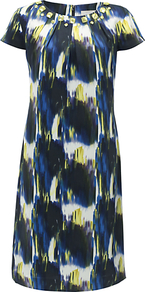 Leyla Dress, Navy/Citron - style: shift; neckline: round neck; sleeve style: capped; bust detail: added detail/embellishment at bust; predominant colour: navy; occasions: work, occasion; length: just above the knee; fit: straight cut; fibres: silk - 100%; sleeve length: short sleeve; texture group: silky - light; pattern type: fabric; pattern size: big & busy; pattern: patterned/print; embellishment: jewels