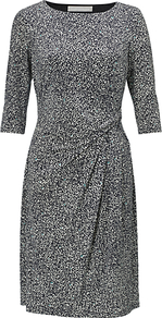 Etienne Dress, Navy/Chalk - style: shift; neckline: round neck; waist detail: twist front waist detail/nipped in at waist on one side/soft pleats/draping/ruching/gathering waist detail; predominant colour: mid grey; occasions: evening, work; length: on the knee; fit: body skimming; fibres: polyester/polyamide - stretch; hip detail: soft pleats at hip/draping at hip/flared at hip; sleeve length: 3/4 length; sleeve style: standard; pattern type: fabric; pattern size: small & busy; pattern: patterned/print; texture group: jersey - stretchy/drapey