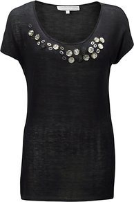 Roma Jumper, Navy - neckline: round neck; bust detail: added detail/embellishment at bust; style: standard; predominant colour: navy; occasions: casual, evening, work; length: standard; fibres: polyester/polyamide - 100%; fit: standard fit; sleeve length: short sleeve; sleeve style: standard; pattern type: fabric; pattern size: small & light; texture group: jersey - stretchy/drapey; embellishment: beading