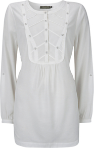 Button Tunic Top, Cream - neckline: round neck; bust detail: added detail/embellishment at bust; length: below the bottom; style: tunic; waist detail: twist front waist detail/nipped in at waist on one side/soft pleats/draping/ruching/gathering waist detail; predominant colour: light grey; occasions: casual, evening, work; fibres: polyester/polyamide - mix; fit: body skimming; sleeve length: long sleeve; sleeve style: standard; texture group: cotton feel fabrics; pattern type: fabric; pattern size: standard; embellishment: beading