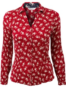Sophie Floral Shirt, Scarlet - neckline: shirt collar/peter pan/zip with opening; style: shirt; predominant colour: true red; occasions: casual; length: standard; fibres: viscose/rayon - 100%; fit: body skimming; sleeve length: short sleeve; sleeve style: standard; texture group: cotton feel fabrics; pattern type: fabric; pattern size: small & busy; pattern: patterned/print