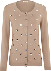 Flower Sequin Cardigan, Light Brown - neckline: round neck; pattern: plain; shoulder detail: contrast pattern/fabric at shoulder; bust detail: buttons at bust (in middle at breastbone)/zip detail at bust; predominant colour: camel; occasions: casual, evening, work; length: standard; style: standard; fit: standard fit; waist detail: fitted waist; sleeve length: long sleeve; sleeve style: standard; texture group: knits/crochet; trends: metallics; pattern type: knitted - fine stitch; pattern size: light/subtle; embellishment: sequins; fibres: viscose/rayon - mix