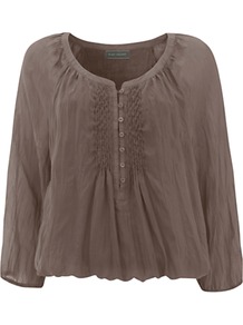 Pintuck Blouson Top, Mocha - neckline: round neck; pattern: plain; style: blouson; bust detail: buttons at bust (in middle at breastbone)/zip detail at bust; predominant colour: taupe; occasions: casual; length: standard; fibres: silk - 100%; fit: loose; sleeve length: 3/4 length; sleeve style: standard; texture group: sheer fabrics/chiffon/organza etc.; pattern type: fabric