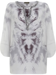Kasia Print Tunic Top, Multi - neckline: low v-neck; bust detail: added detail/embellishment at bust; length: below the bottom; style: tunic; secondary colour: charcoal; predominant colour: light grey; occasions: casual, evening, holiday; fibres: cotton - mix; fit: loose; sleeve length: long sleeve; sleeve style: standard; pattern type: fabric; pattern size: big & busy; pattern: patterned/print; texture group: other - light to midweight; embellishment: sequins