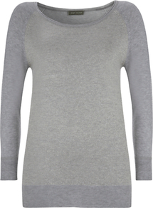 Metallic Front Jumper, Grey - neckline: round neck; pattern: plain; style: standard; predominant colour: mid grey; occasions: casual, work; length: standard; fibres: polyester/polyamide - stretch; fit: standard fit; waist detail: fitted waist; sleeve length: 3/4 length; sleeve style: standard; texture group: lycra/elastane mixes; trends: sporty redux; pattern type: fabric; pattern size: small & light