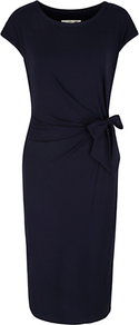 Aimee Dress, Navy - style: shift; length: below the knee; neckline: round neck; sleeve style: capped; fit: tailored/fitted; pattern: plain; waist detail: twist front waist detail/nipped in at waist on one side/soft pleats/draping/ruching/gathering waist detail; predominant colour: navy; occasions: evening, work, occasion; fibres: viscose/rayon - stretch; sleeve length: short sleeve; trends: glamorous day shifts; pattern type: fabric; texture group: other - light to midweight
